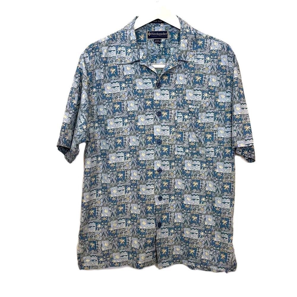 Weekender Silk Cotton Camp Shirt Men’s Medium Blue Tropical Palm Tree Button Up